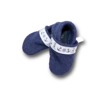 Walkloden-Puschen blau mit Webband Anker